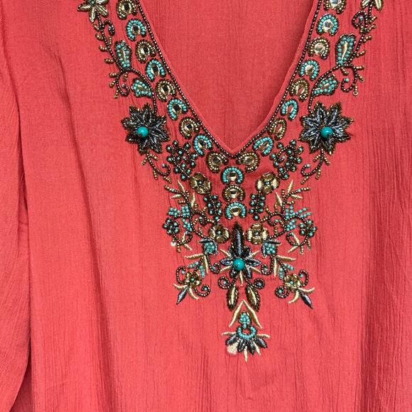 Soft Surroundings Paulina Gauze Pullover Tunic Top Coral Embellished Size Large - Picture 10 of 10